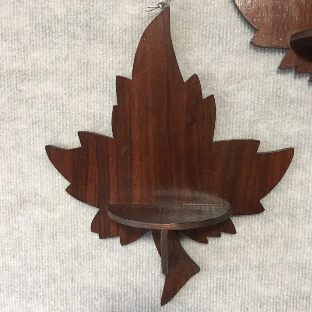 Vintage Handmade Wooden Maple Leaf Wall Floating Shelves - Brown Set of 2